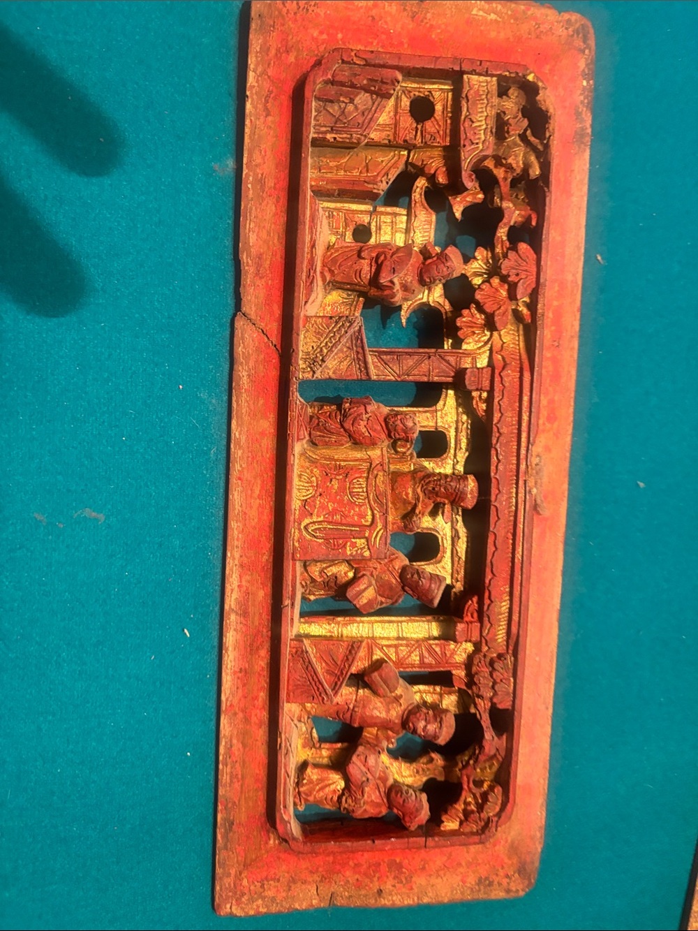 Red Carved Wood Wall Panel with Figure Relief - Home Accents Decor. Taiwan.